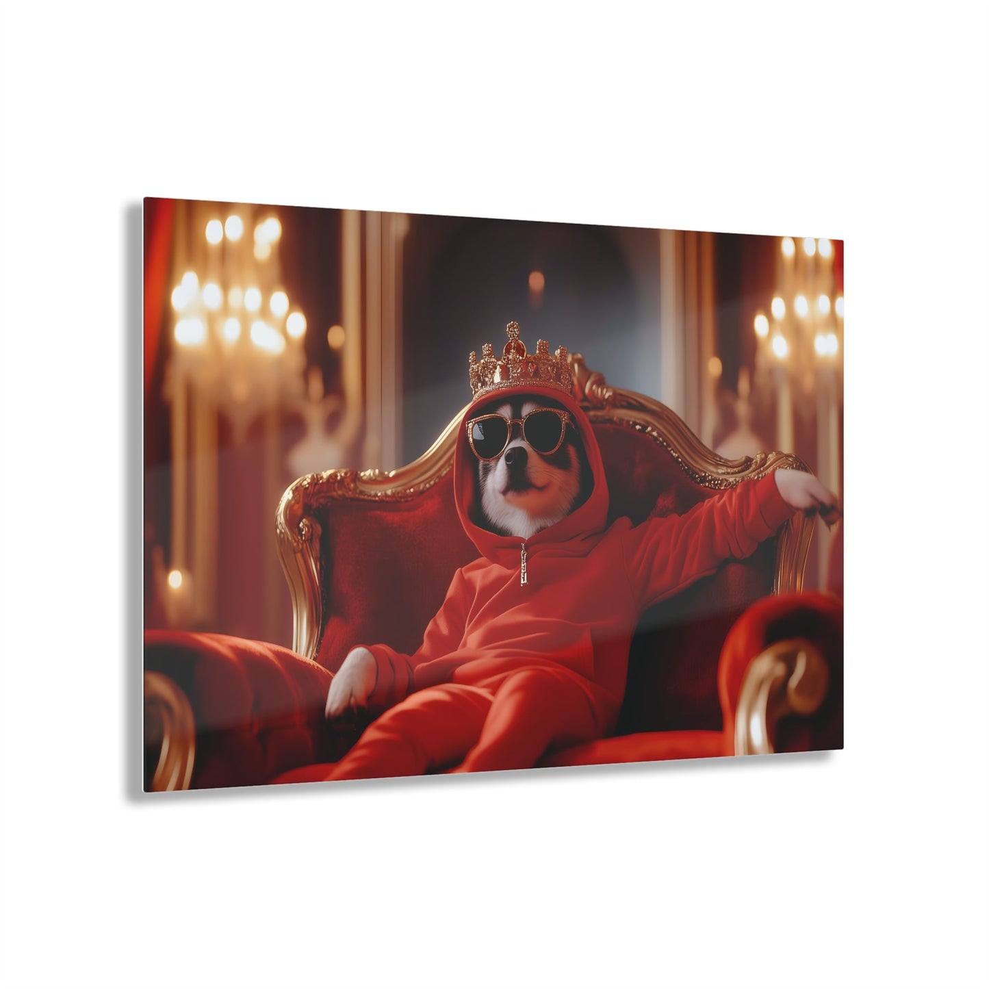 Horizontal-oriented wall art: "Crowned Companion III" A stylish dog lounges on a golden throne, wearing a crown, sunglasses, and a red hoodie in a luxurious royal setting. This playful artwork combines elegance and humor, portraying the pet as a modern ruler with personality.