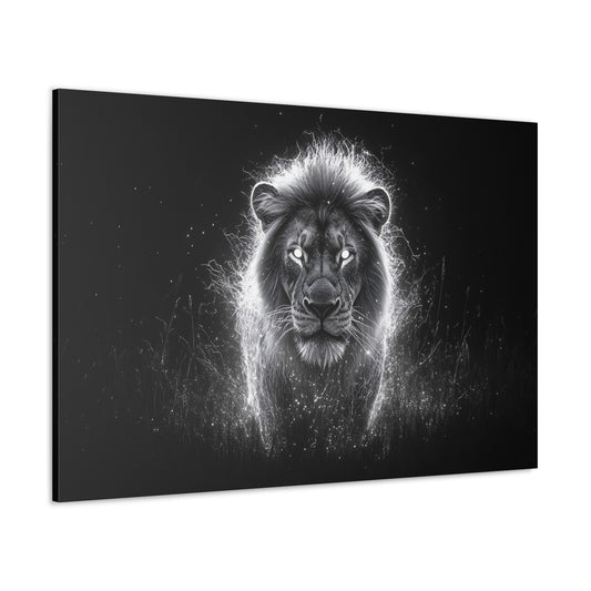 Horizontal-oriented wall art: "Beacon of the Plains" showcases a majestic lion illuminated by an ethereal glow, each strand of its mane radiating a powerful energy. This striking piece blends the natural beauty of wildlife with surreal light effects, creating a mesmerizing focal point for any room.