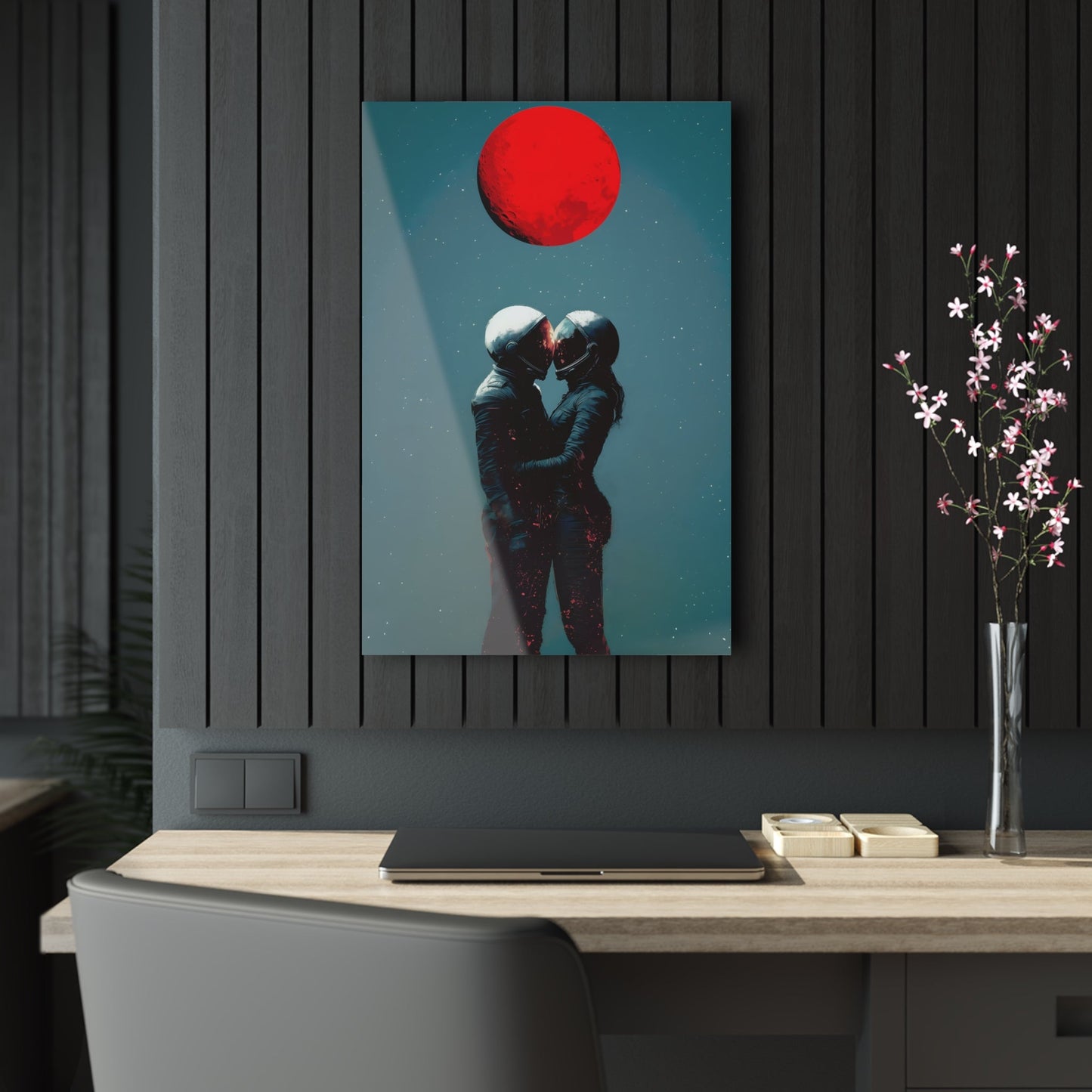 Vertical-oriented wall art: "Galactic Romance IV" depicts two astronauts embracing under a glowing red moon, their helmets gently touching as they share a moment of intimacy in space. The starry background contrasts with the fiery red moon, emphasizing the romantic and cosmic connection between the figures.