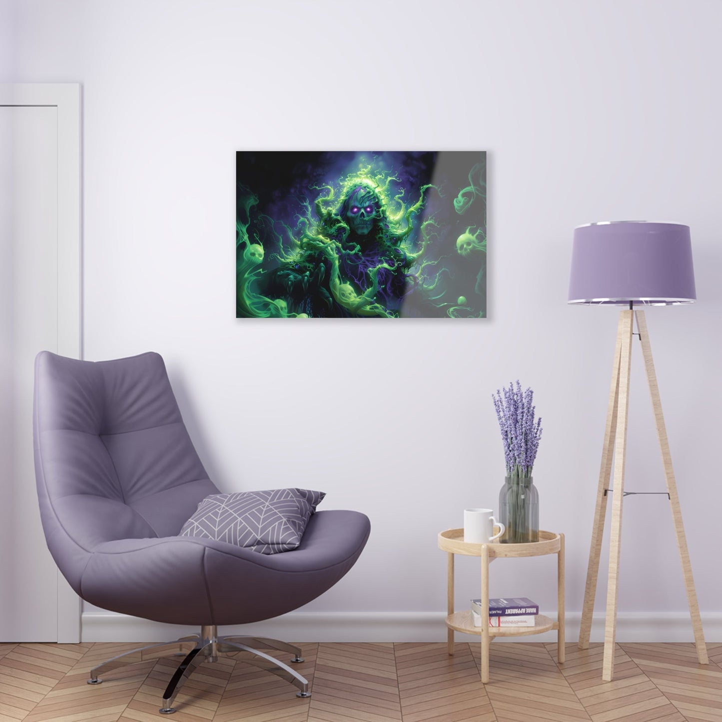 Horizontal-oriented artwork: An eerie illustration featuring a mystical lich with glowing eyes, surrounded by eldritch energies in shades of green and purple, against a dark, ominous background.