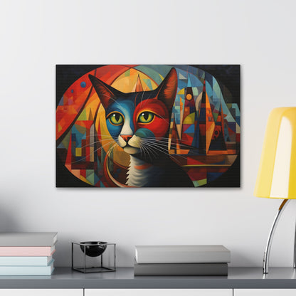 Horizontal-oriented wall art: A vibrant, abstract portrayal of a cat featuring dynamic angles and bold geometric shapes, rendered in rich, saturated colors. The composition captures the essence of the feline’s curiosity and grace, offering a modernist perspective on the animal world.