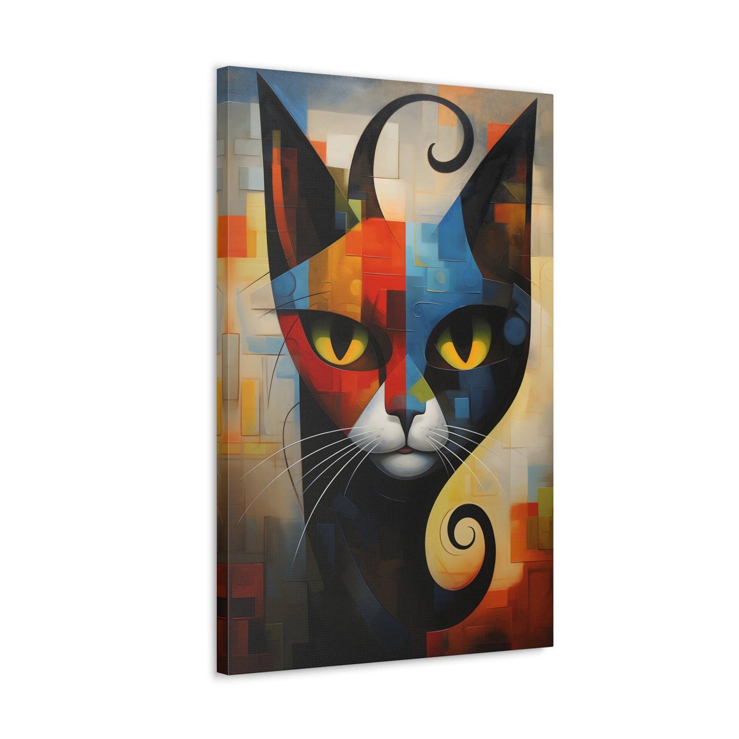 Vertical-oriented wall art: A vibrant cubist-style portrait of a cat, featuring a geometric composition with bold shapes and colors. The cat's eyes are bright yellow, set against a dynamic background of intersecting blocks in shades of red, blue, orange, and yellow.