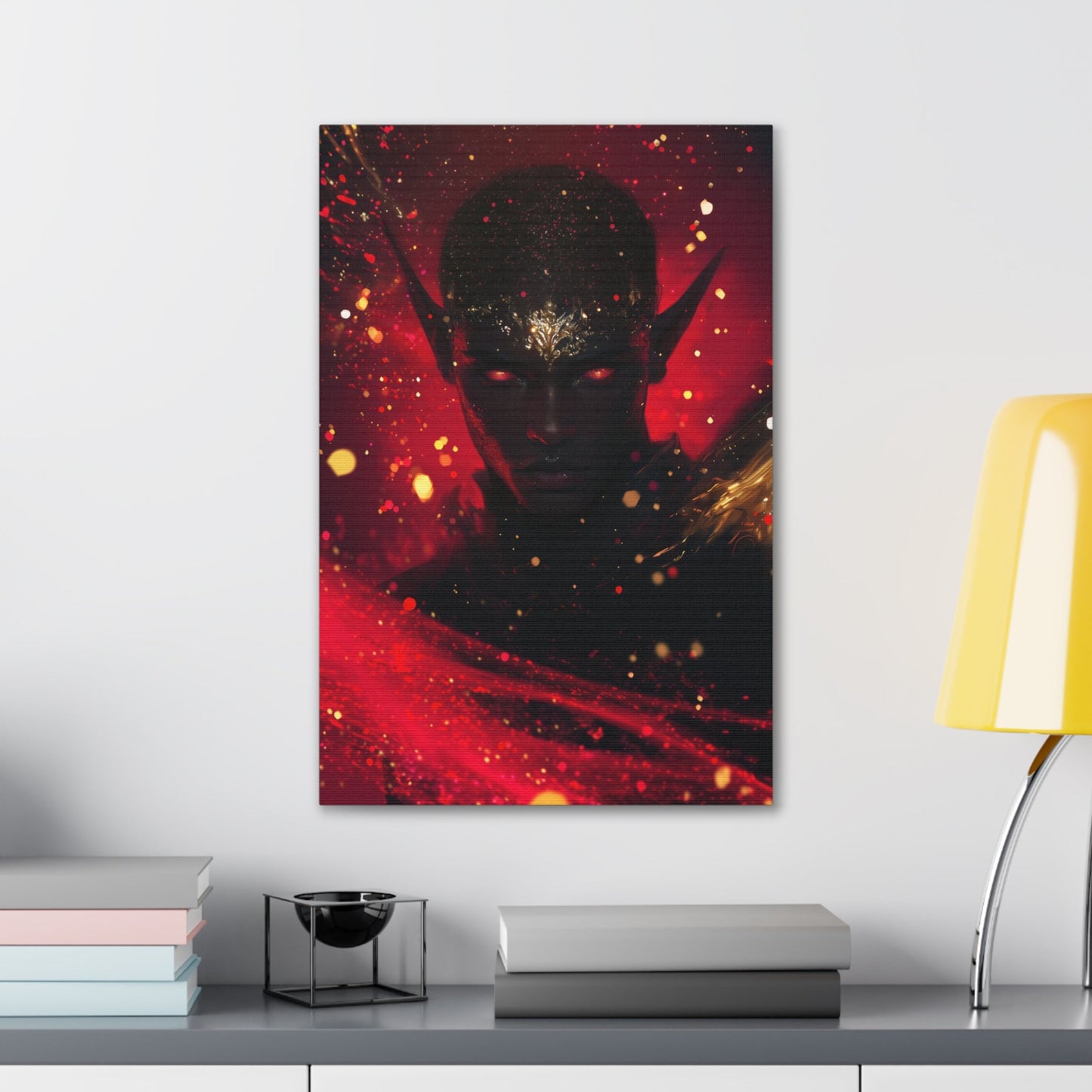 Horizontal-oriented wall art: "Obsidian Elegance" A striking portrait of a black elf with glowing red eyes and intricate gold accents adorning their forehead, set against a fiery background of vibrant red and gold hues. The artwork radiates an aura of power, mystery, and elegance, capturing the essence of ethereal beauty.