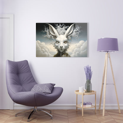 Horizontal-oriented wall art: A surreal, oversized white hare with mechanical eyes is depicted in the center, surrounded by swirling cloud-like forms. The background features a dreamy, ethereal landscape with hints of industrial architecture, blending natural and abstract elements.