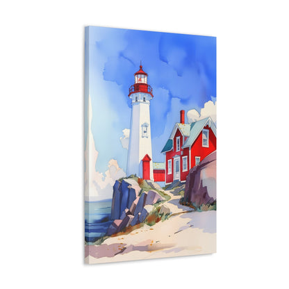 Vertical-oriented wall art: A watercolor-style painting of a lighthouse perched on rocky cliffs overlooking a vast ocean. The sky is painted in shades of blue with wispy white clouds, and the rugged coastline is depicted in intricate detail.