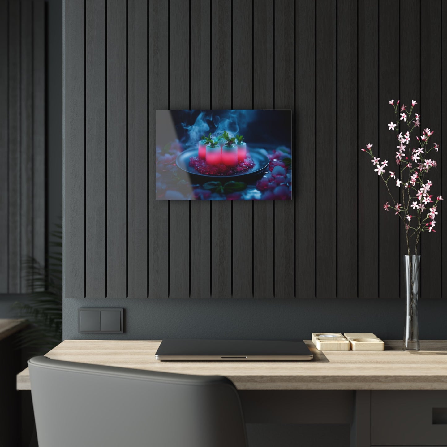 Horizontal-oriented wall art: "Xeno Cuisine." A glowing arrangement of alien meat and bioluminescent vegetables sits on an obsidian plate, surrounded by vapor and crystalline accents. The vibrant pink and cool blue tones contrast against the dark background, creating an otherworldly and surreal atmosphere.