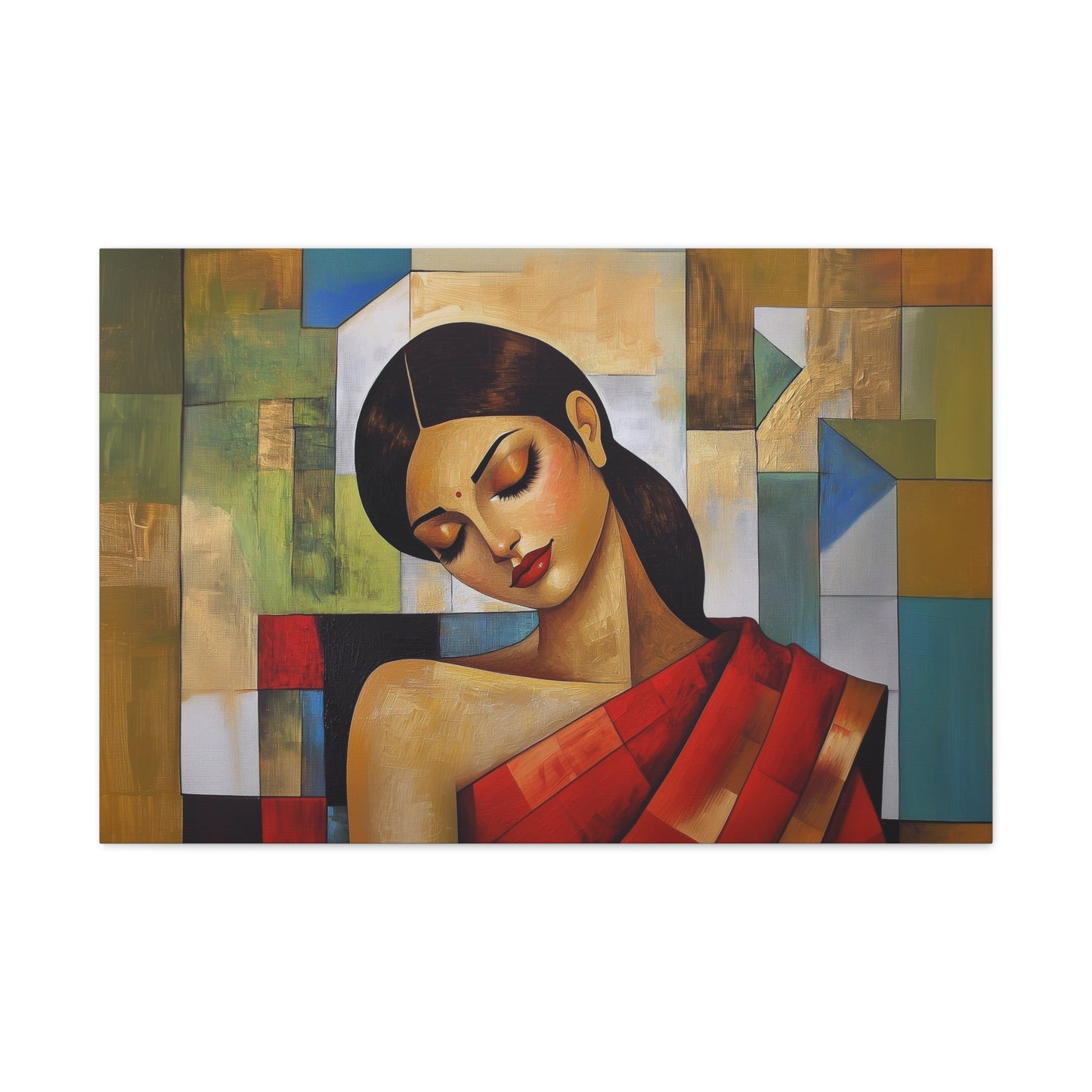 Horizontal-oriented wall art: "Fractured Grace." An Indian woman in traditional attire is depicted in a Cubist style, her contemplative expression framed by geometric shapes and bold colors of red, green, and gold. The textured background and soft dramatic lighting create an elegant and serene composition.