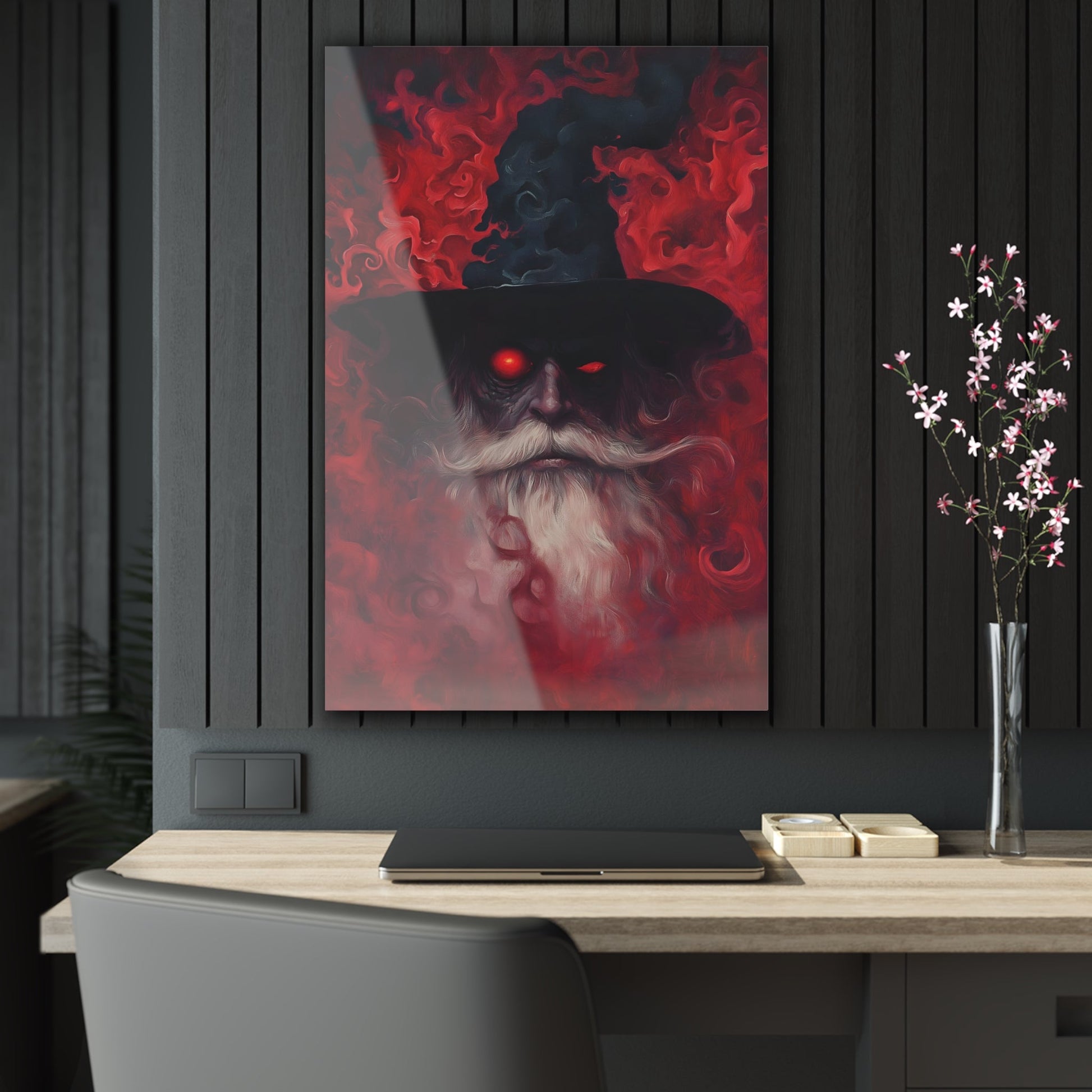 Vertical-oriented wall art: "The Wizard's Veil II" A mysterious wizard with glowing red eyes emerges from a swirling, crimson mist, his expression intense and otherworldly. The deep reds and intricate textures create an aura of magic and dark fantasy, drawing viewers into his enchanted realm.