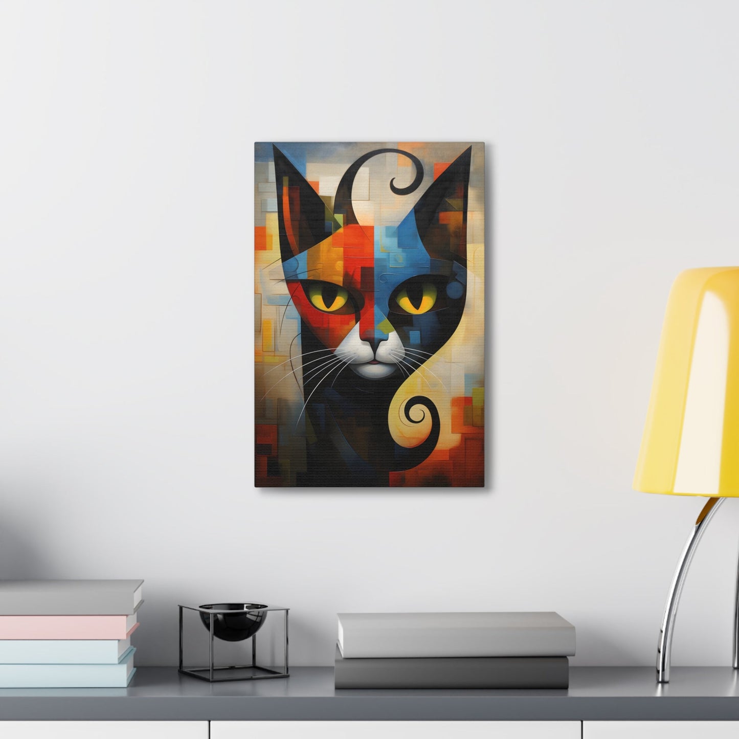 Vertical-oriented wall art: A vibrant cubist-style portrait of a cat, featuring a geometric composition with bold shapes and colors. The cat's eyes are bright yellow, set against a dynamic background of intersecting blocks in shades of red, blue, orange, and yellow.