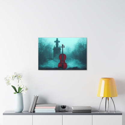 Horizontal-oriented wall art: "The Mourning Violin." A vivid red violin stands alone in a misty graveyard, framed by a dark, Gothic cross in the background. Diffused teal lighting and soft shadows create a haunting and melancholic atmosphere.