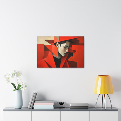 Horizontal-oriented wall art: "Refined in Fragments." A high-fashion Asian male is depicted in a Cubist style, with bold angular red geometric shapes framing his contemplative profile. The soft dramatic lighting contrasts with vivid red tones, creating an expressive and sophisticated composition.