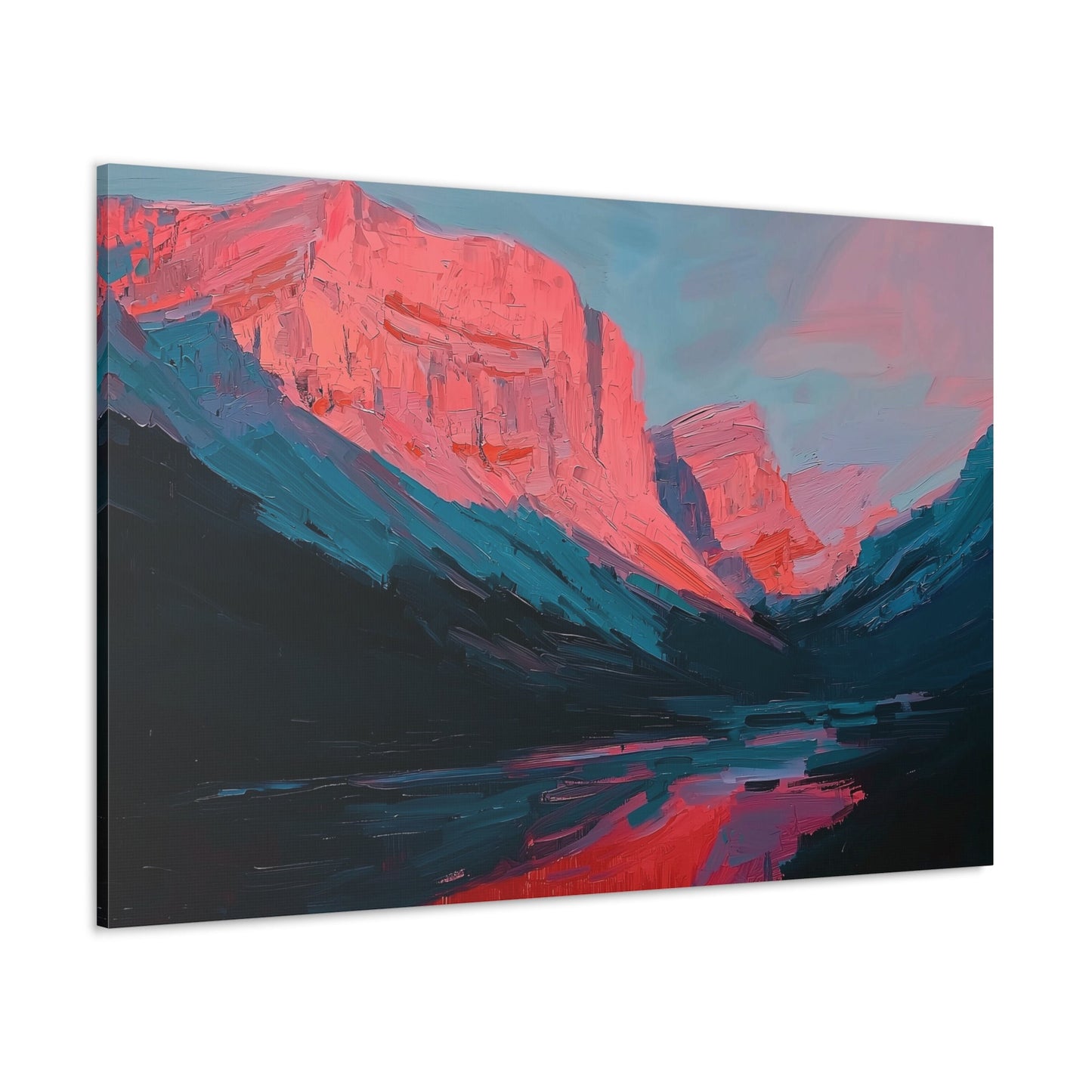 Horizontal-oriented wall art: "Timeless Peaks" Landscape artwork titled Timeless Peaks from the Bold Horizons collection, featuring vibrant crimson and pink mountains reflected in a tranquil lake. The piece highlights bold brushstrokes and a dynamic interplay of warm and cool colors, evoking majesty and serenity.