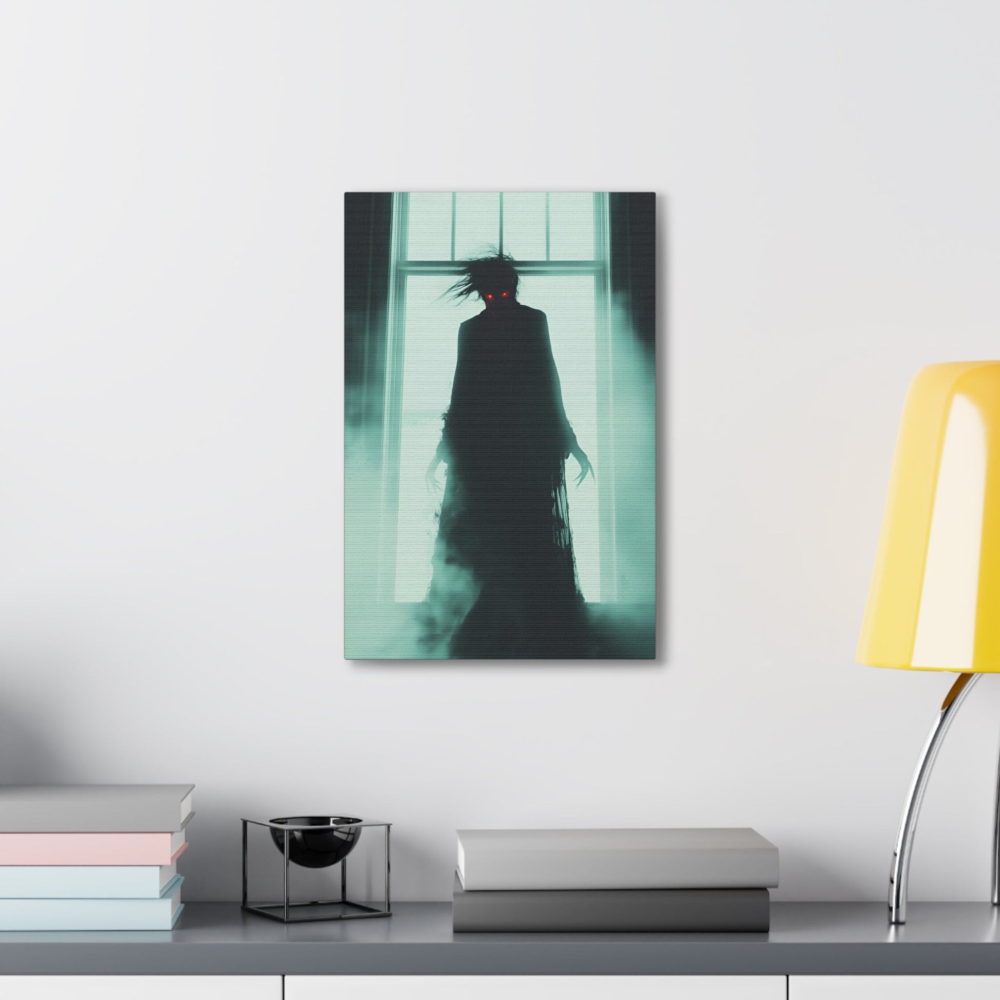 Vertical-oriented wall art: "Haunting Hunger II." A shadowy vampire figure with glowing red eyes stands in a mist-filled room, backlit by a bright window. The eerie atmosphere and chilling silhouette evoke a sense of supernatural dread and Gothic elegance.