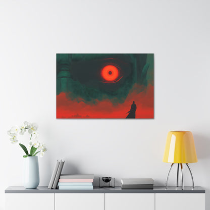 Horizontal-Oriented wall art: A lone hero stands before a massive, glowing red eye that dominates the dark, ominous landscape, symbolizing the looming threat of the final boss. The intense contrast of deep greens and fiery reds heightens the tension, capturing the moment before an epic battle.