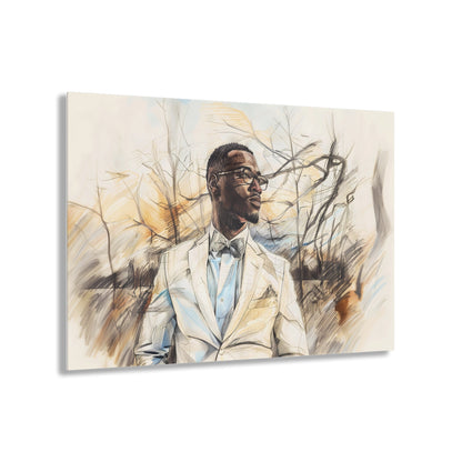 Horizontal-oriented artwork: Digital artwork depicting a stylish man wearing glasses and a white suit against a backdrop of trees.