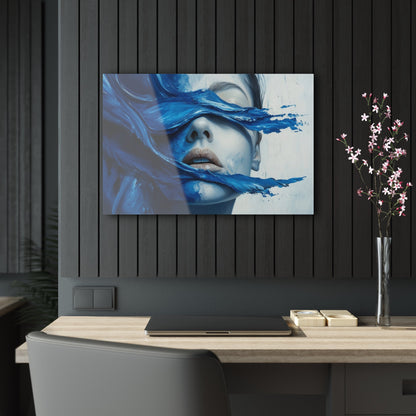 Horizontal-oriented wall art "Tides of the Mind" A surreal portrait of a woman's face partially obscured by flowing waves of cobalt blue paint. The image evokes a sense of introspection and calm, blending realistic features with abstract, fluid movement.