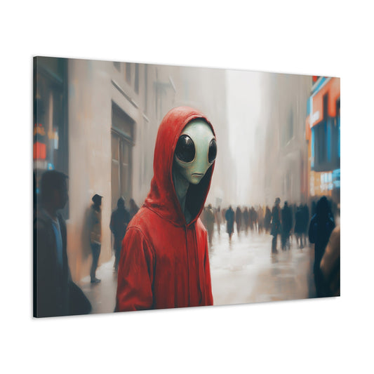 Horizontal-oriented wall art: "Aliens Among Us" An alien in a red hoodie stands amid a bustling, foggy city street, gazing directly ahead with large, black eyes. The blurred crowd in the background contrasts with the sharp focus on the extraterrestrial, highlighting its surreal presence in an urban setting.