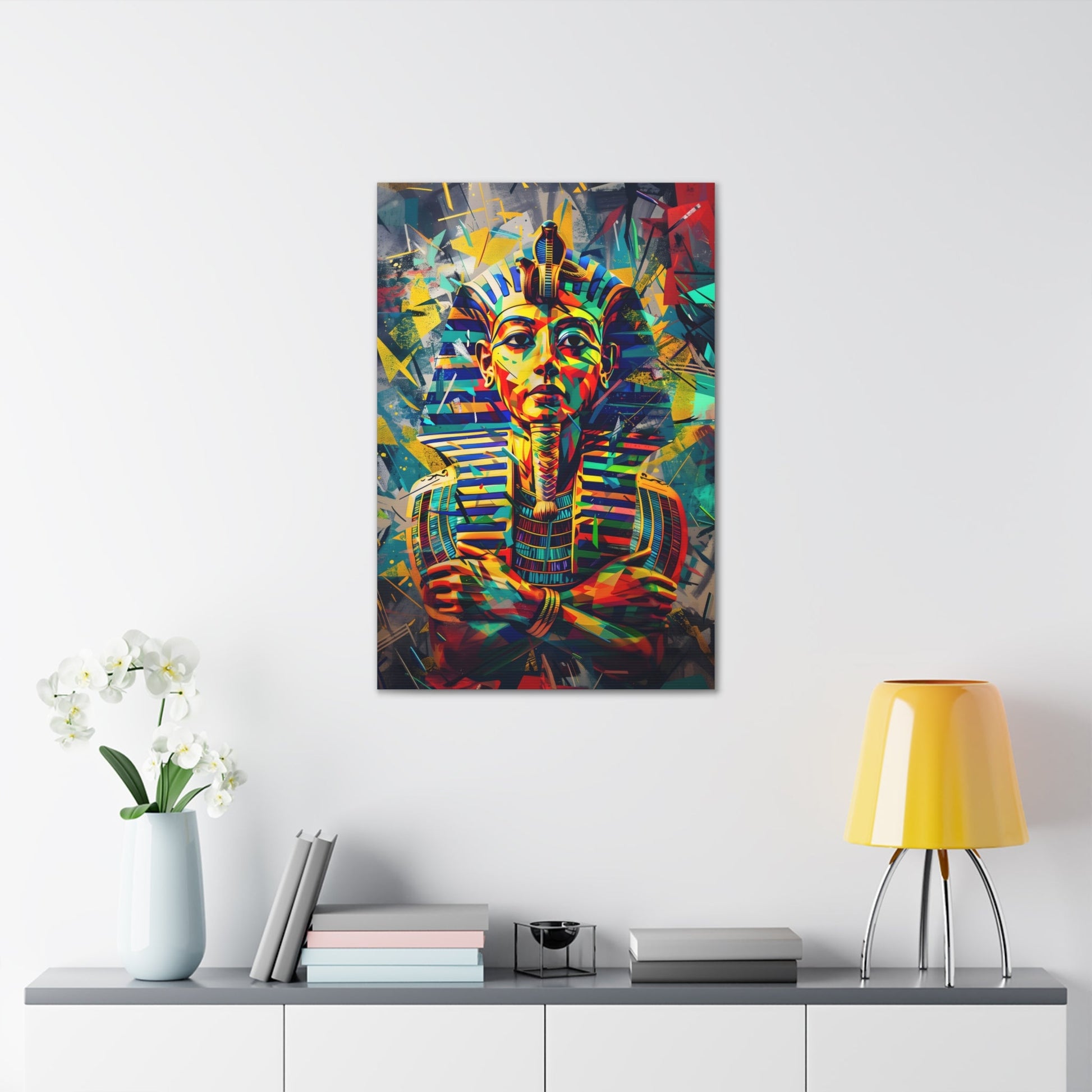 Vertical-oriented wall art: A regal portrait of King Tutankhamun, depicted with a golden headdress and adorned with ornate jewelry, exuding an aura of majesty and power.