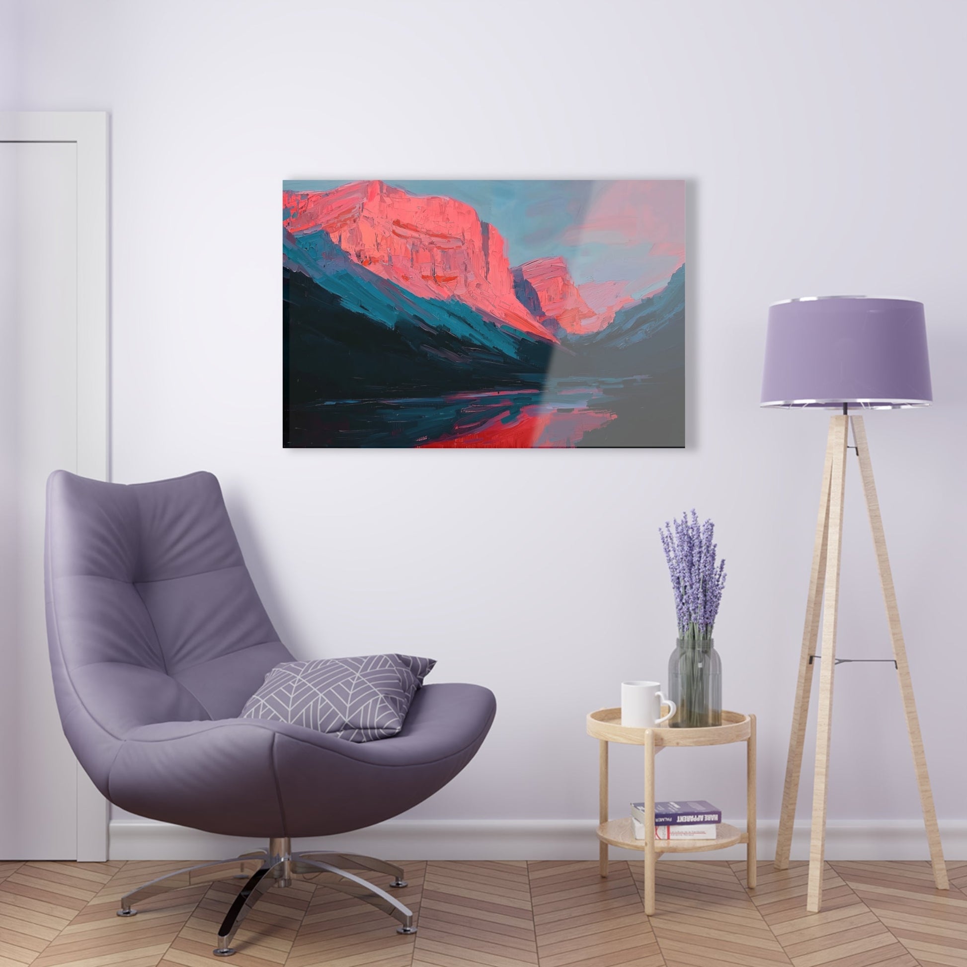 Horizontal-oriented wall art: "Timeless Peaks" Landscape artwork titled Timeless Peaks from the Bold Horizons collection, featuring vibrant crimson and pink mountains reflected in a tranquil lake. The piece highlights bold brushstrokes and a dynamic interplay of warm and cool colors, evoking majesty and serenity.