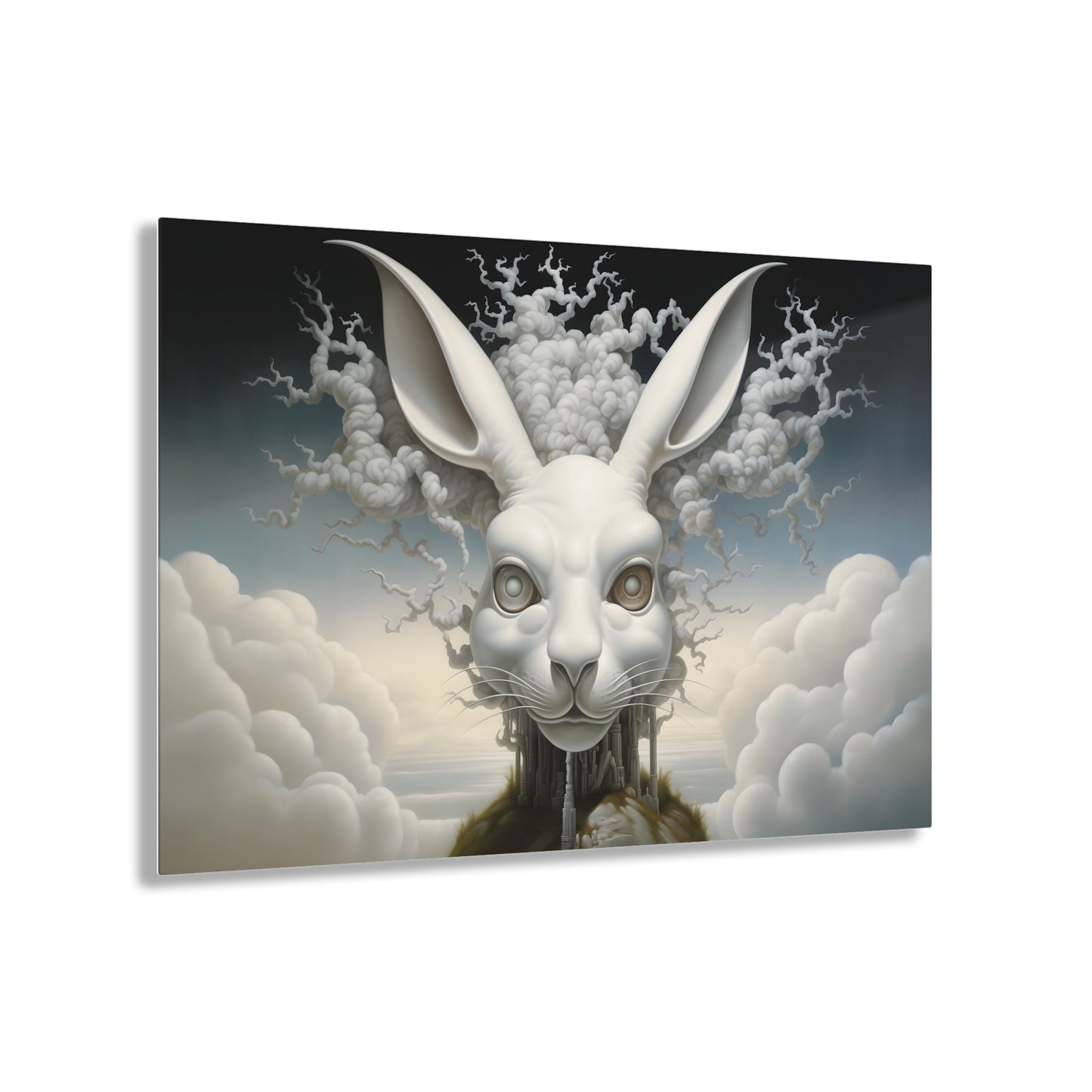 Horizontal-oriented wall art: A surreal, oversized white hare with mechanical eyes is depicted in the center, surrounded by swirling cloud-like forms. The background features a dreamy, ethereal landscape with hints of industrial architecture, blending natural and abstract elements.