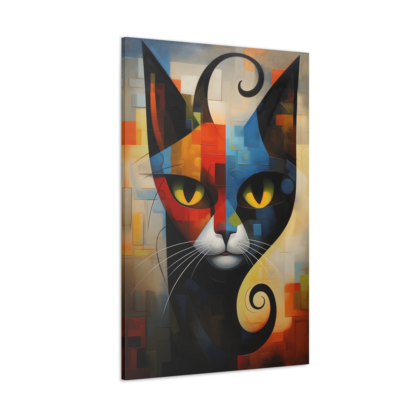 Vertical-oriented wall art: A vibrant cubist-style portrait of a cat, featuring a geometric composition with bold shapes and colors. The cat's eyes are bright yellow, set against a dynamic background of intersecting blocks in shades of red, blue, orange, and yellow.