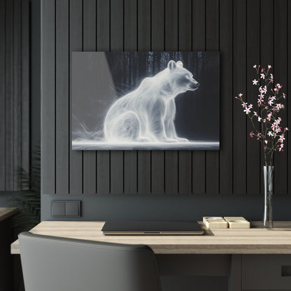 Horizontal-oriented wall art: "Glowing Guardian III" A luminous bear sits serenely in a dark forest, surrounded by a soft, glowing aura that illuminates its form. The ethereal light effect creates a mystical atmosphere, highlighting the bear's calm and protective presence against the shadowy background.