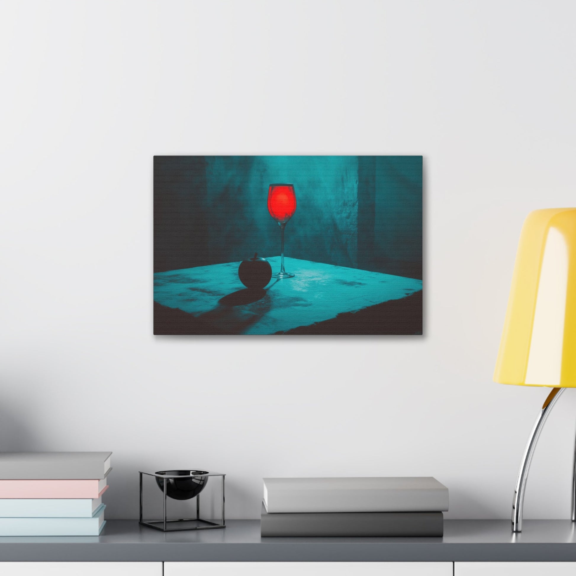 Horizontal-oriented wall art: "Eden’s Reflection" A glowing crimson wine glass and a shadowed black apple rest on a textured table, surrounded by a misty teal atmosphere. This gothic still-life composition captures an air of mystery and temptation with its striking interplay of light and shadow.