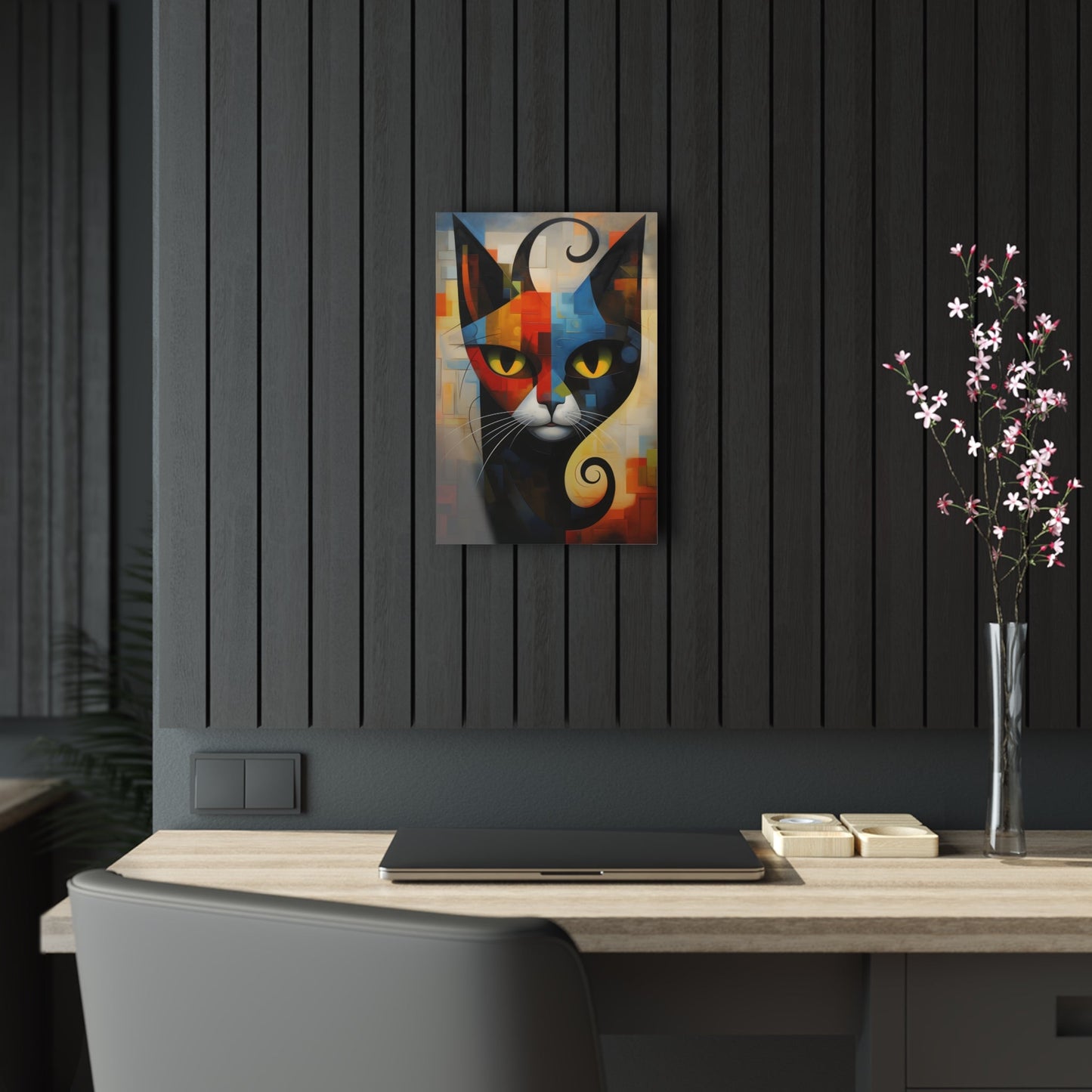 Vertical-oriented wall art: A vibrant cubist-style portrait of a cat, featuring a geometric composition with bold shapes and colors. The cat's eyes are bright yellow, set against a dynamic background of intersecting blocks in shades of red, blue, orange, and yellow.