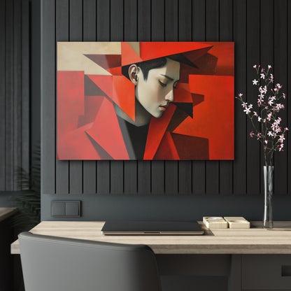 Horizontal-oriented wall art: "Refined in Fragments." A high-fashion Asian male is depicted in a Cubist style, with bold angular red geometric shapes framing his contemplative profile. The soft dramatic lighting contrasts with vivid red tones, creating an expressive and sophisticated composition.