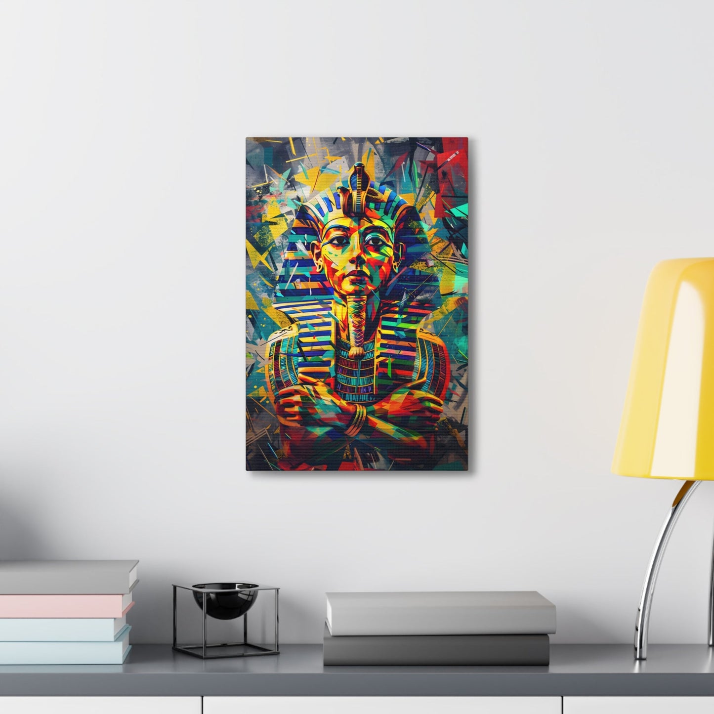 Vertical-oriented wall art: A regal portrait of King Tutankhamun, depicted with a golden headdress and adorned with ornate jewelry, exuding an aura of majesty and power.