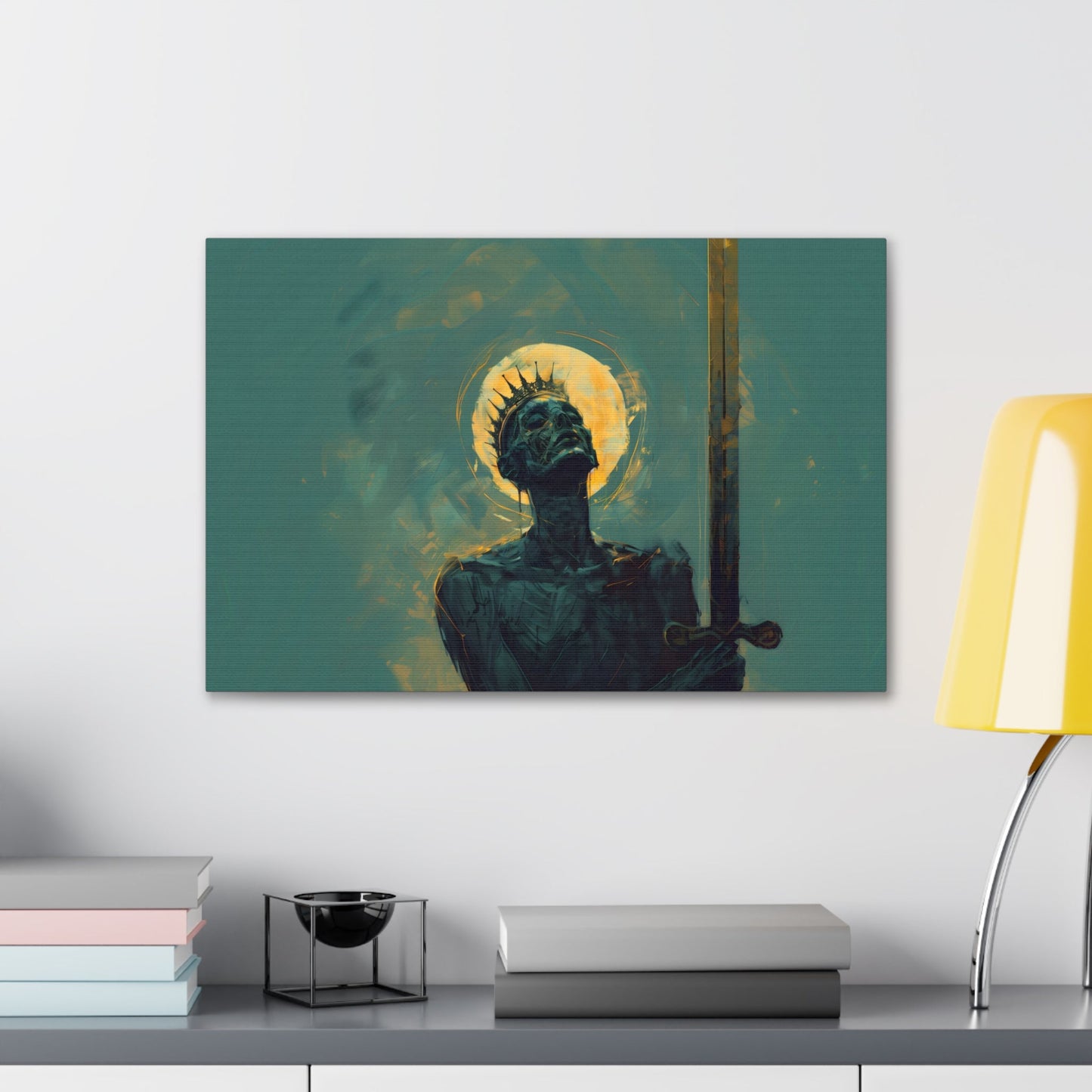 Horizontal-oriented wall art: An undead mummified king stands regally in the desert sands, bathed in the warm golden light of the sun.