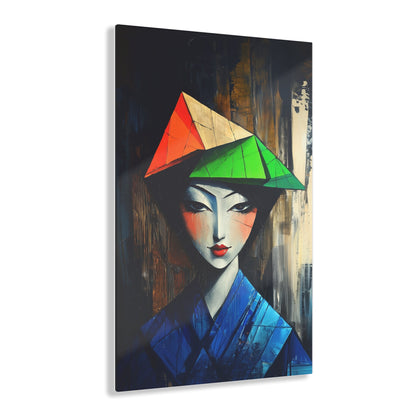 Vertical-oriented wall art: "Fractured Elegance." An Asian woman in traditional attire is depicted in a Cubist style, her serene expression framed by angular geometric shapes in blue, green, and orange. Dramatic lighting highlights the vibrant palette and intricate textures, creating a sophisticated and ethereal composition.