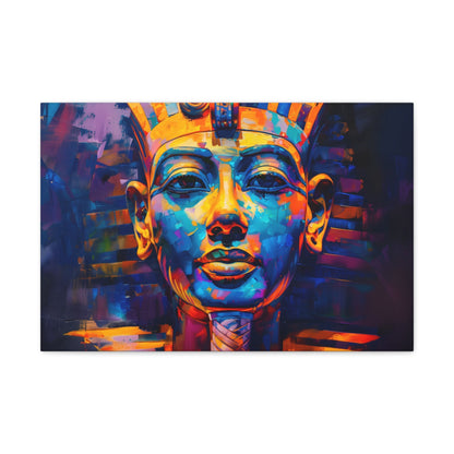 Horizontal-oriented wall art: A regal portrait of King Tutankhamun, depicted with a golden headdress and adorned with ornate jewelry, exuding an aura of majesty and power.