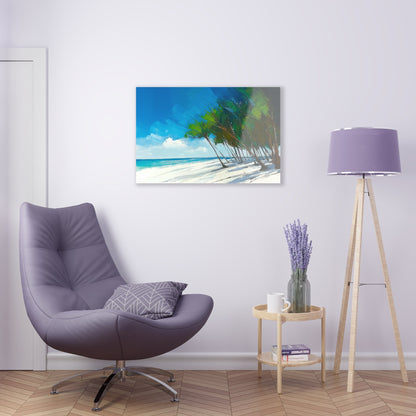 Horizontal-oriented wall art: "Sands of Summer." A serene, golden shoreline meets rippling waves under a pastel sky, blending warm amber hues with soft blues and pinks. The textured impressionistic brushwork creates a dreamy and peaceful coastal scene.