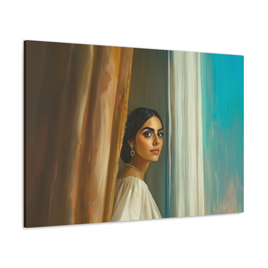 Horizontal-oriented wall art: "Whispers Beyond the Curtain." A contemplative woman is depicted peering through golden curtains, her expression calm yet mysterious. Warm and cool tones blend harmoniously, with soft, diffused lighting enhancing the intimate and elegant composition.