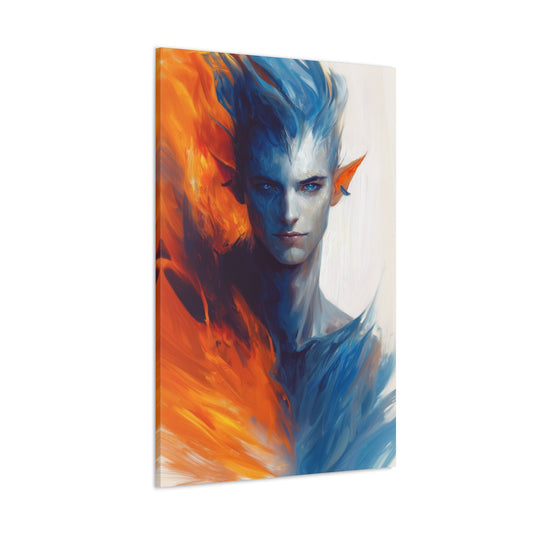 Horizontal-oriented wall art: "Ivory Elegance II" A striking portrait of a warrior elf with vibrant orange and blue hues swirling around, symbolizing balance and strength. The fiery and fluid brushstrokes highlight the elf's graceful yet powerful presence in this captivating fantasy artwork.