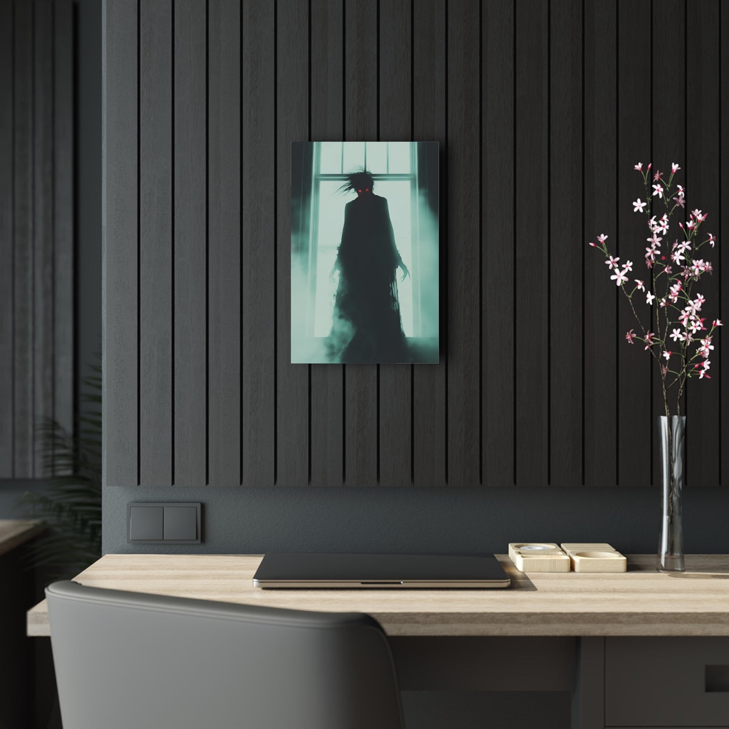 Vertical-oriented wall art: "Haunting Hunger II." A shadowy vampire figure with glowing red eyes stands in a mist-filled room, backlit by a bright window. The eerie atmosphere and chilling silhouette evoke a sense of supernatural dread and Gothic elegance.