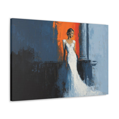 Horizontal-oriented wall art: "Ivory Vision." A poised woman stands gracefully in an ivory gown, illuminated by warm light against a vibrant orange and cool blue background. The palette knife painting technique enhances the textured details, evoking elegance and serenity.