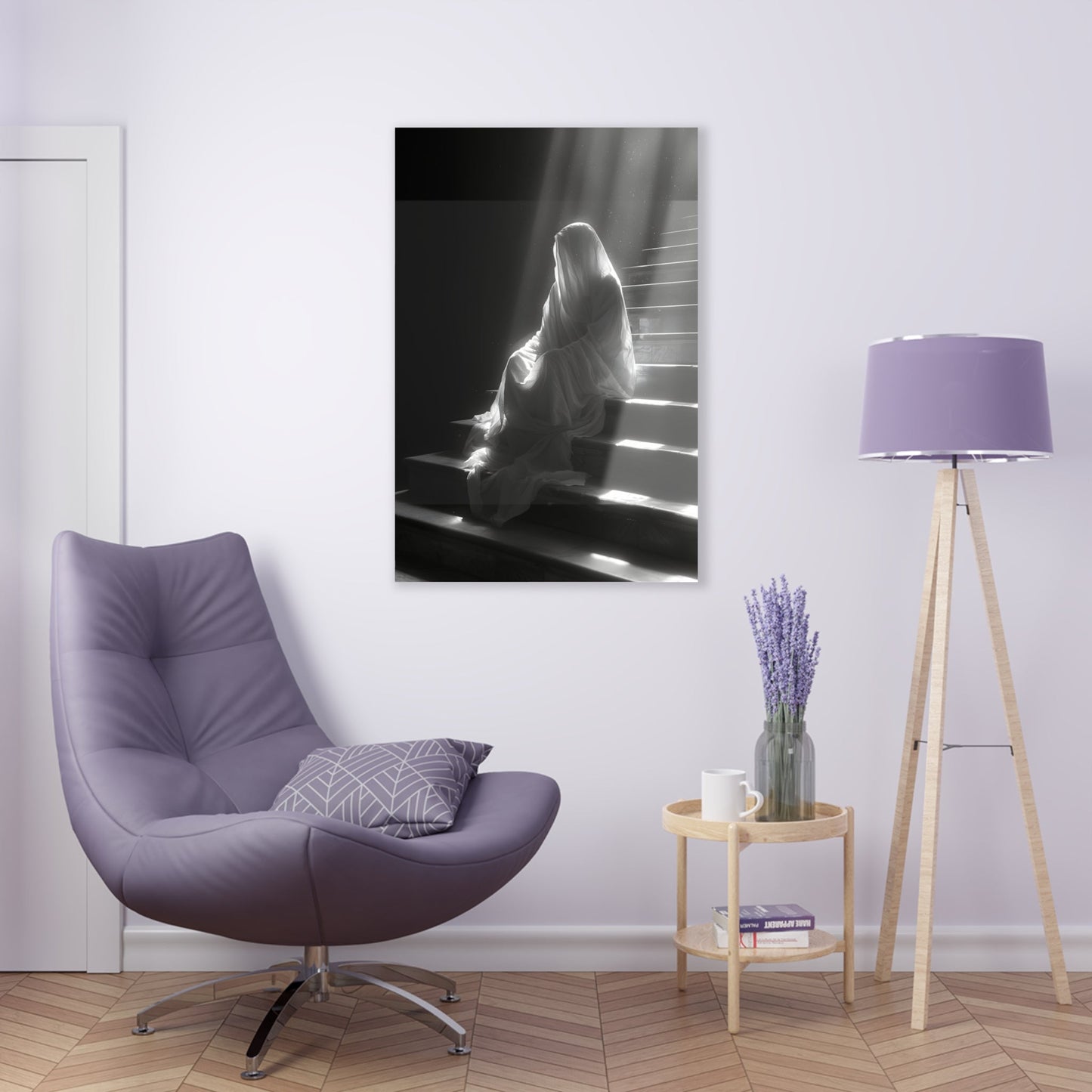 Vertical-oriented wall art: An eerie depiction of a ghostly apparition, its translucent form sitting on stairs, surrounded by a soft, ethereal glow.