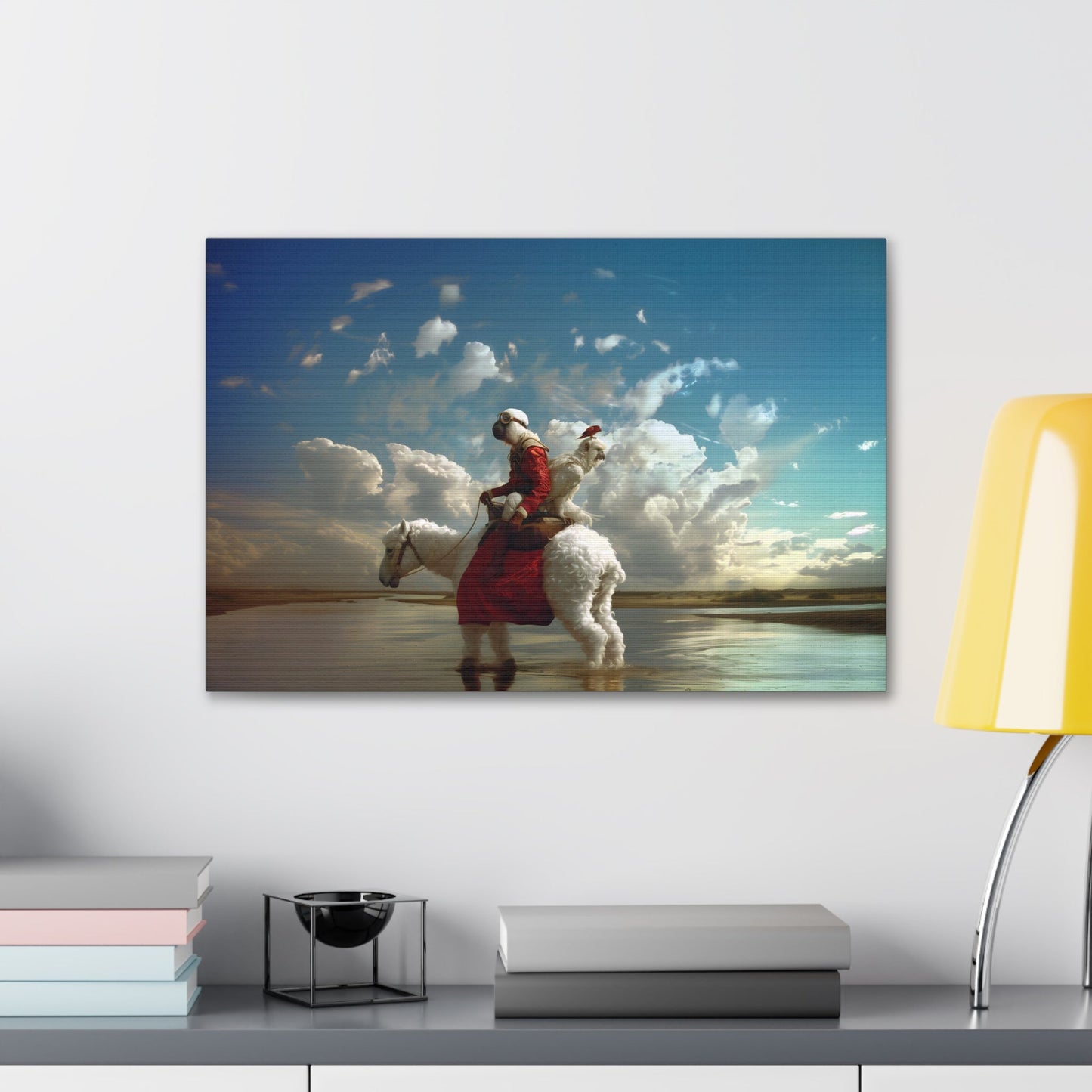 Horizontal-oriented wall art: A surreal photorealistic artwork featuring a monkey dressed in a red top and brown boots riding a white alpaca through shallow water in the desert. The monkey is accompanied by a red bird and a white parrot, all under a cloudy blue sky.