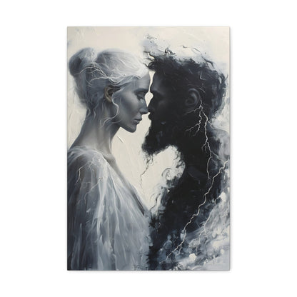 Vertical-oriented wall art: "Storm of Affection" from the Elysian Legends collection depicts Zeus and Hera in a surreal, tempestuous scene surrounded by swirling clouds and lightning, symbolizing their passionate and conflict-filled love. The dramatic lighting and ethereal elements enhance the divine and mythical atmosphere, drawing viewers into the epic narrative of these Greek gods.