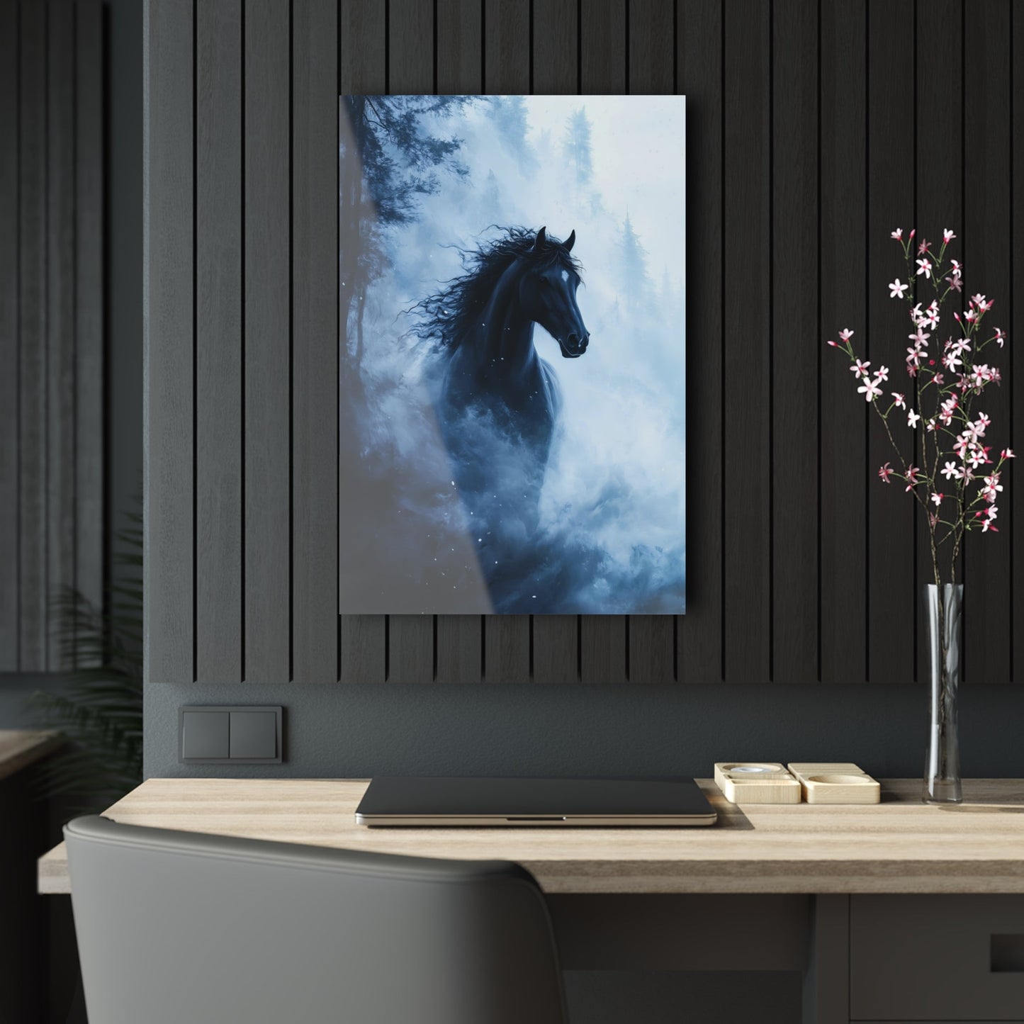 Vertical-oriented wall art: "Shadowed Stallion IV" A powerful black stallion charges through a misty forest, its mane flowing wildly as snow swirls around it. The contrast between the horse's dark figure and the soft, ethereal fog creates a striking, otherworldly scene.