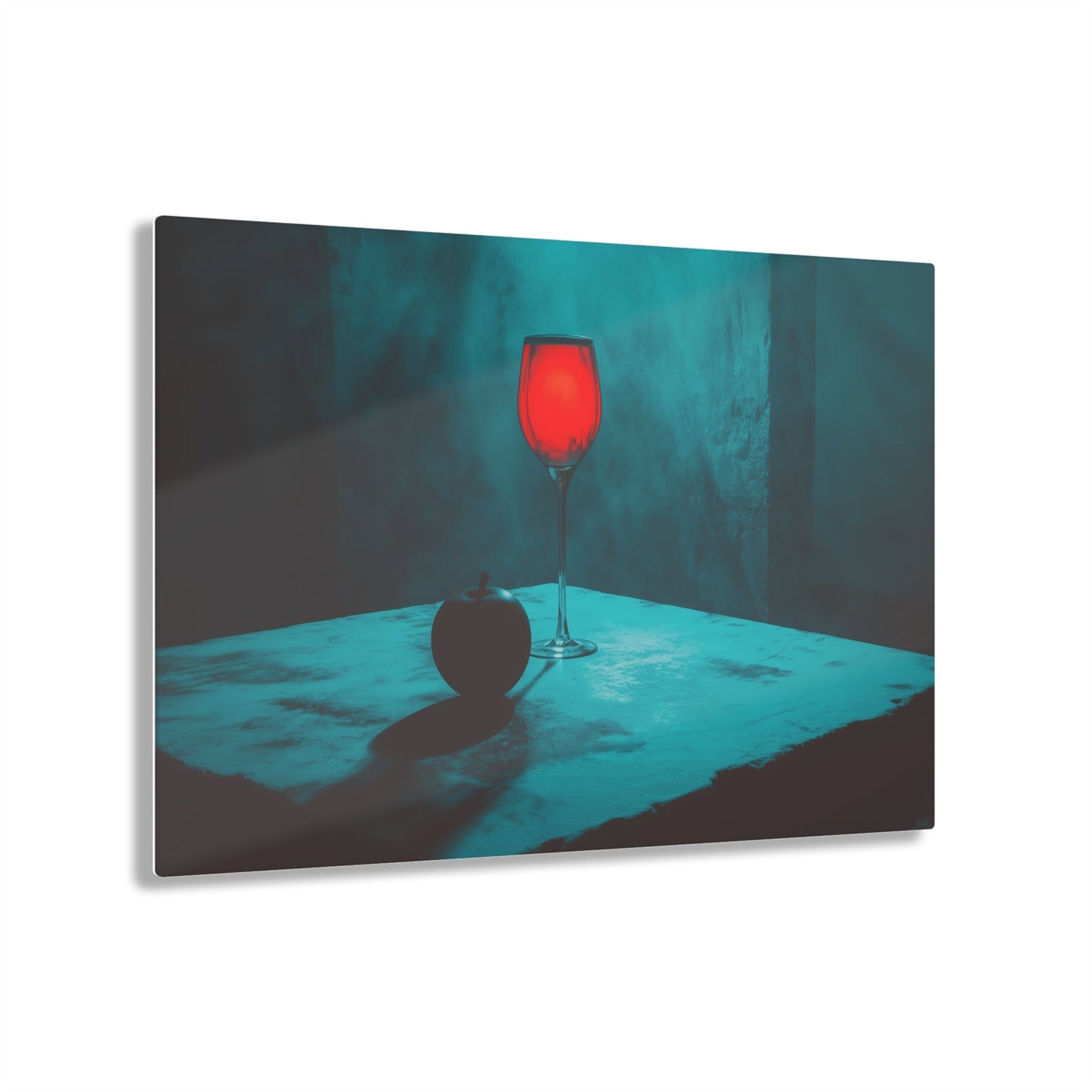 Horizontal-oriented wall art: "Eden’s Reflection" A glowing crimson wine glass and a shadowed black apple rest on a textured table, surrounded by a misty teal atmosphere. This gothic still-life composition captures an air of mystery and temptation with its striking interplay of light and shadow.