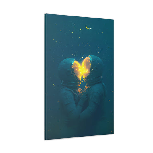 Vertical-oriented wall art: "Galactic Romance II" depicts two astronauts in a loving embrace, their helmets glowing with warm cosmic light as they stand against a serene, starry space background. The minimalist design emphasizes their connection, with the glowing light symbolizing the intimacy shared between the two figures.