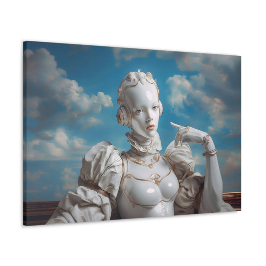 Horizontal-oriented wall art: "Posed Processors" An android styled with Renaissance-inspired attire, featuring gold accents and intricate details, poses gracefully against a backdrop of a serene, cloudy sky. The artwork blends classical portraiture with futuristic elements, highlighting the fusion of historical elegance and modern technology.