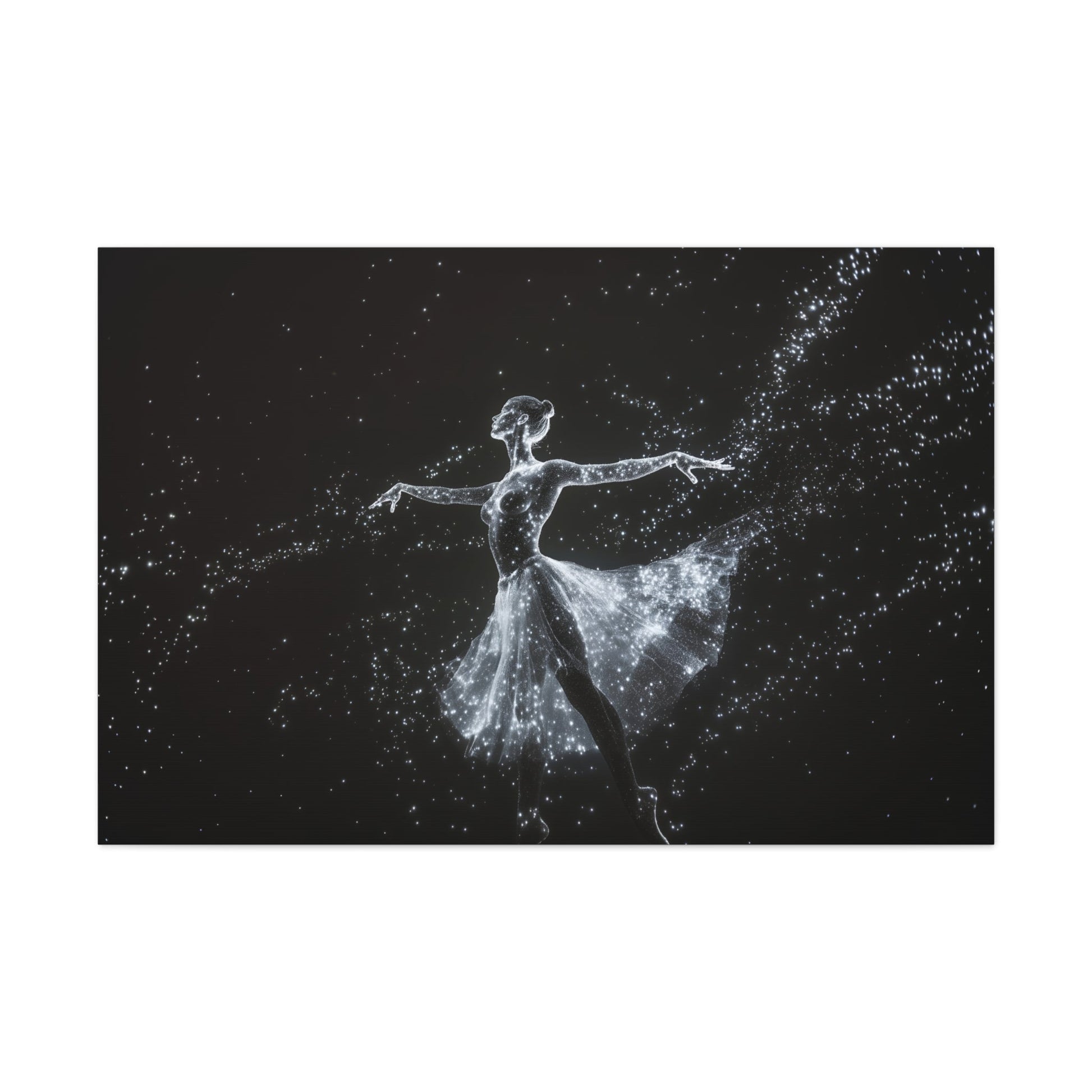 Horizontal-oriented wall art: "Cosmic Ballet III" A ballerina made of radiant, star-like dots gracefully dances against a dark, star-filled backdrop, her silhouette shining in monochromatic light. The scene captures the ethereal beauty of a cosmic dance, with stars trailing from her flowing skirt.