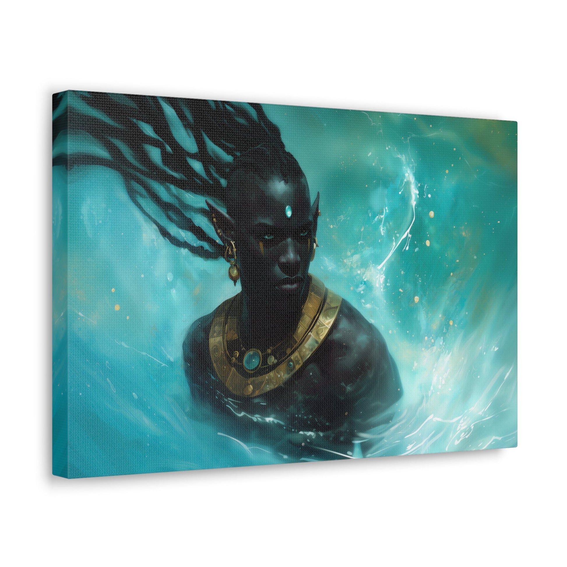 Horizontal-oriented wall art: "Obsidian Elegance II" A striking portrait of a Black elf adorned with intricate golden jewelry, surrounded by swirling, vibrant turquoise water. The composition highlights the figure's regal presence and otherworldly grace in a captivating fantasy setting.