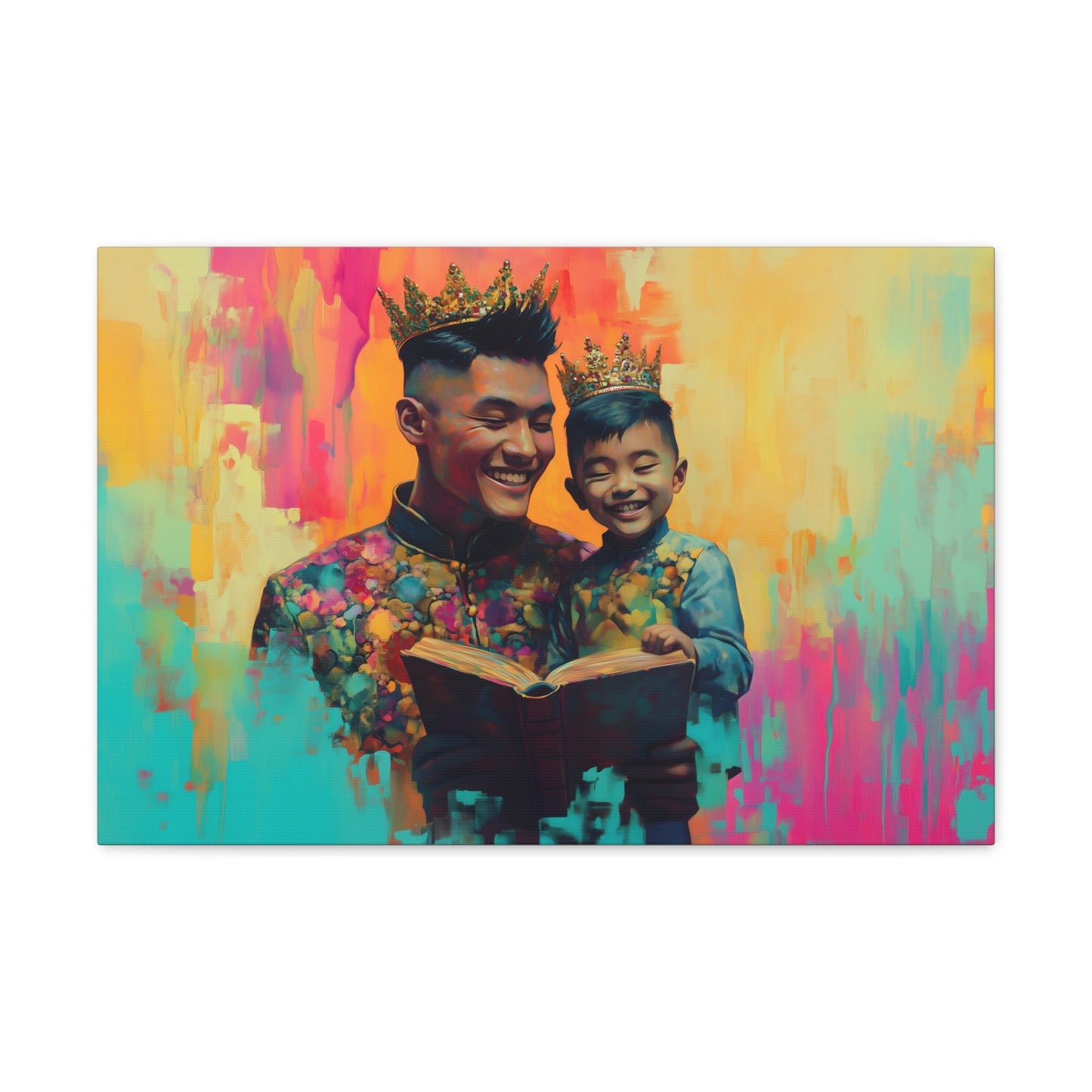 Horizontal-Oriented wall art: "Crowning Knowledge V" depicts a joyful father and son wearing golden crowns, smiling as they share a moment of reading together against a vibrant, abstract background of pinks, oranges, and blues. The artwork blends detailed portraiture with a playful, colorful backdrop, capturing the warmth and happiness of family bonds.