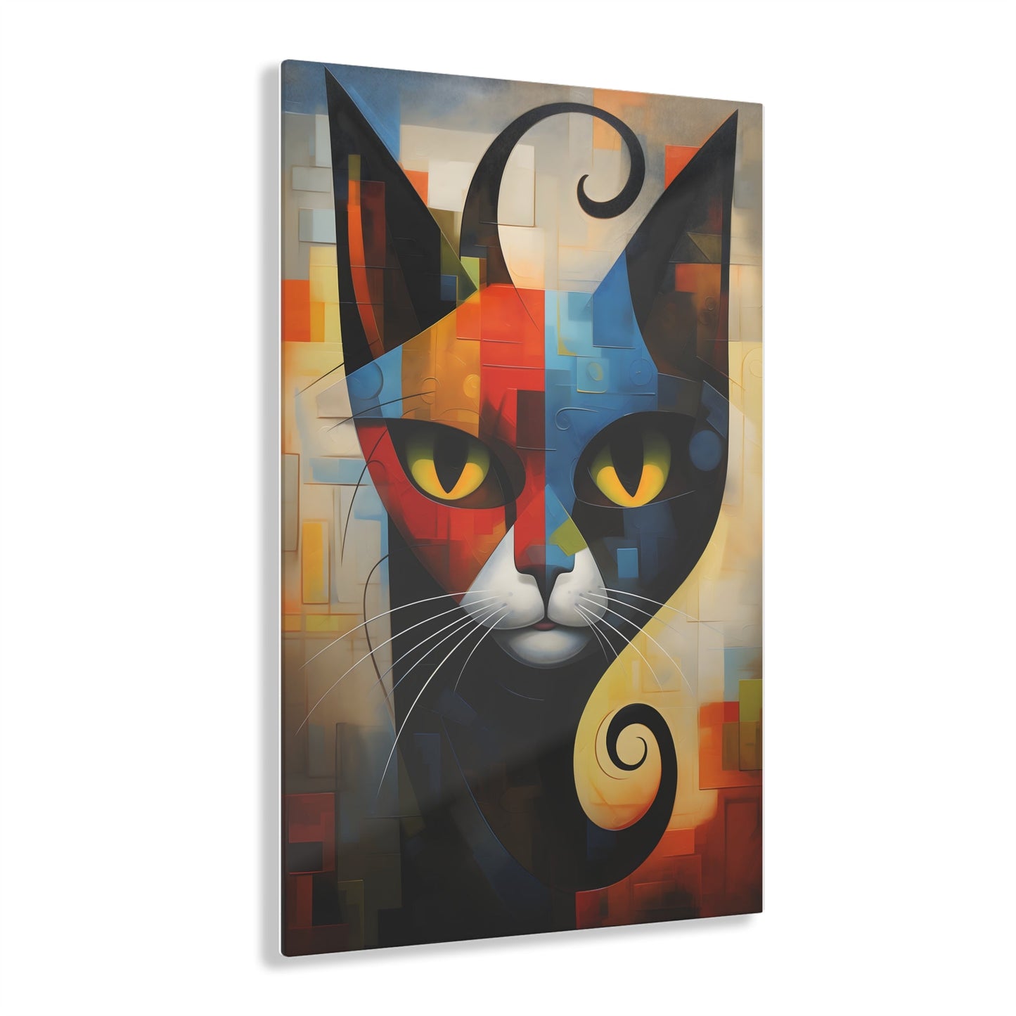 Vertical-oriented wall art: A vibrant cubist-style portrait of a cat, featuring a geometric composition with bold shapes and colors. The cat's eyes are bright yellow, set against a dynamic background of intersecting blocks in shades of red, blue, orange, and yellow.