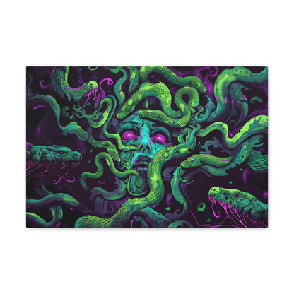 Horizontal-oriented artwork: An eerie digital illustration depicting the mythical figure Medusa, with vivid green and purple hues. Medusa's captivating gaze is surrounded by swirling, eldritch energies, evoking an aura of mystery and allure.